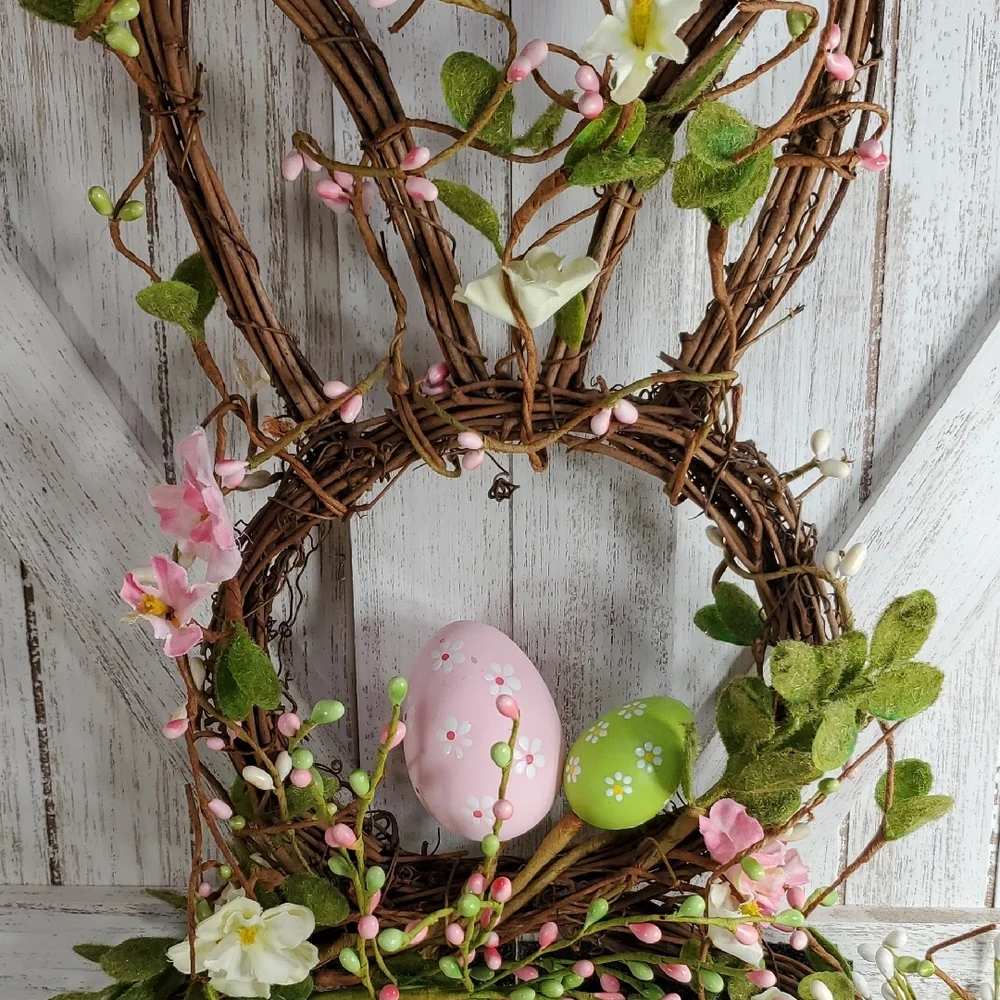 Easter Bunny Shaped Grapevine Holiday Wreath with Pastel Eggs & Flowers